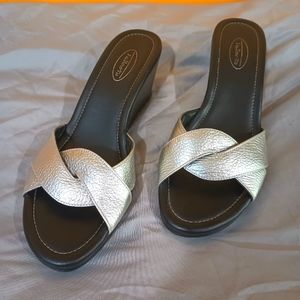 Talbots Silver and Black Pebbled Leather Upper Wedge Heel Sandal Size 9
